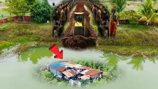 Complete100% delete huge pond by Excavator Excellent skill dozer push soil into water with 8Ton truc