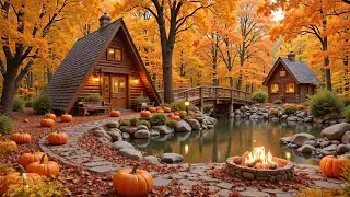Gentle Piano Music & Cozy Fireplace Sounds for Autumn Day 🍂🔥Cozy Lakeside Cabin Autumn Ambience