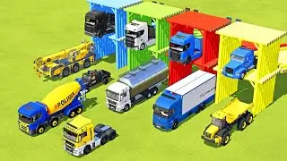 TRANSPORTING BUS, POLICE CARS, DUMP TRUCK, BOX TRUCK, FIRE TRUCK WITH SCANIA TRUCK -  FS22