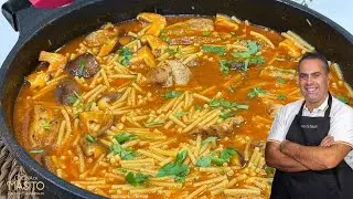 Cazuela de fideos con costillas y setas