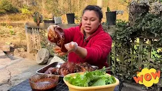 Village Girl Making a Hearty Spicy Pork Head Stew in a Peaceful Chinese Village