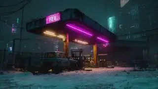 Abandoned Cyberpunk Gas Station at Night | Neon Winter Ambience & Futuristic Cityscape | 4K [F2 A]