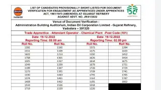 IOCL Gujarat Refinery Result OUT 2022 ll Apprentice Gujarat Refinery Documents verification 2022