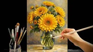 🎨 Painting Bright Yellow Marigold Flowers in a Glass Vase | Acrylic Painting Tutorial | #157