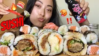 BIG BITE Sushi w/ Spicy Buldak Fire Sauce Mukbang | Salmon, Tuna Belly, Salmon Skin, Tuna Rolls