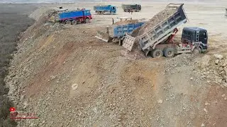 Wonderful Komatsu Dozer Pushing Hard Dump Truck Extreme Soils Spreading Heavy
