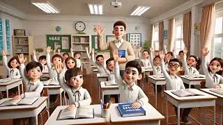 smiling students in a classroom, all raising their hands as if making a promise. The students are