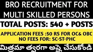 BRO Recruitment 2019 Apply Online 540 Job Vacancies Multi skilled worker|BRO New vaccancy Offline