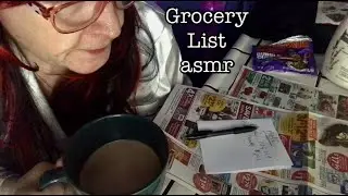 Quiet ASMR relaxation Sorting thru Grocery Ads and Making my Grocery List, grape bubble gum, coffee