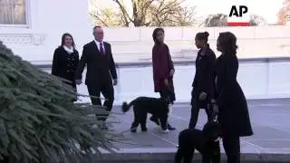 First Lady Michelle Obama, her daughters Malia and Sasha, and their two dogs Bo and Sunny greeted th