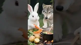 Rabbit and wolf eat together.         #fyp #viral #cute #rabbit #ai #wollf #wolfandrabbit