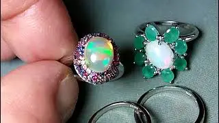 Anelli argento 925 placcati oro bianco, con opale etiope e varie gemme