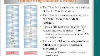 Thumb state, Thumb Programmers model, Thumb Implementation, Thumb Applications