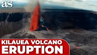 Aerial view of KILAUEA SUMMIT ERUPTION, spewing LAVA FOUNTAIN and LAVA FLOW