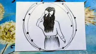 Aesthetic Pencil Sketch | Girl with Bow Hair & Starry Circle ✨