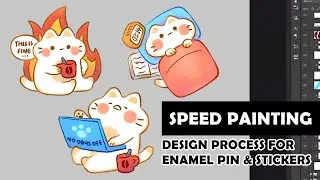 Speed Paint || Photoshop Drawing Process - Cat Enamel Pin & Sticker Designs