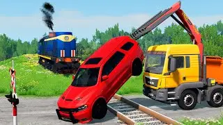 Crane Truck Car Rescue - Cars vs Trains and Rails #2 - BeamNG.Drive [Car Crashes]