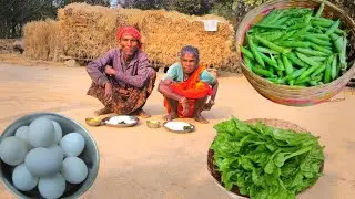 rural grandma cooking EGG with GREEN PEAS curry and collecting POTATO LEAVES from field and cooking 