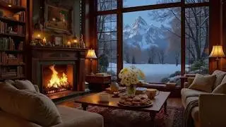 Cozy Fireplace Sounds 🔥 Winter Cabin Ambience, Snowy Mountains View, Relaxing Background