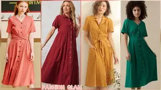 Elegant Button Down Open Style A-line Linen Shirt Dress/Waist Belted Swing Cotton Midi Dress