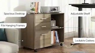 DEVAISE | Grey Oak 3 Drawer Wood File Cabinet with Open Storage Shelves