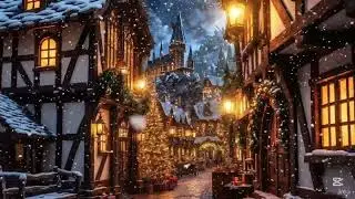 Diagon Alley Winter Ambience | Snowy Hogwarts View, Cozy ASMR for Reading & Projection Rooms