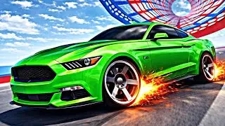 Green Muscle Car Crazy Ramp Jumps 🔥 Fire Exhaust | Gameplay