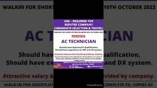 Job in UAE AC TECHNICIAN REQUIREMENT 09.10.2022. Gulf Rojgar