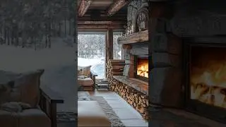 Cozy log cabin living room with plush seating, a stone fireplace, and snowy forest views.