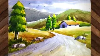 Hill scenery drawing step by step with water colour/Hill landscape drawing