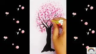 Cherry Blossom Tree Drawing easy for kids | Pink Tree Drawing using ear bud|Tricks for drawing Tree|