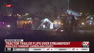 Flipped-over tractor-trailer closes lane on I-81S near Middlesex Township