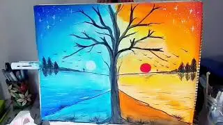 How to draw One side night and other side day scenery easily | Drawing Society