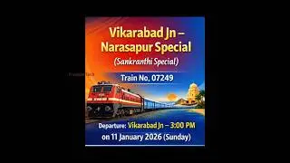 Vikarabad to Narasapur Special Train 07249 | Sankranthi Special Train Route info