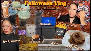 Falloween vlog! Decorations, Grwm, Pumpkin Pancakes, Fall drinks, Spooky Makeup, & Halloween Day!!!