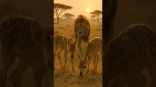 Tiny Bambi vs Big Lion 🌅🦁#TinyFawns #CuteAnimals #LionAndDeer #WildlifeSunrise #NatureLovers #Bambi