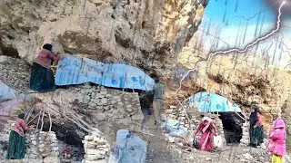 Nomadic Family Builds a Safe Cave Shelter on a Rainy Day | Real Survival in Harsh Mountains