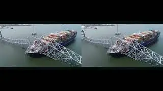 Stereoscopic 3D Aerial View of the Francis Scott Key Bridge After Being Struck by a Container Ship