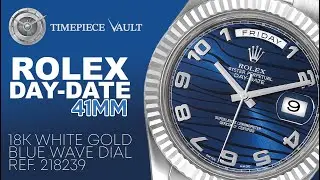 Rolex Day-Date 18k White Gold Ref. 218239 Blue Wave Dial Fluted Bezel 41mm Watch-Timepiece Vault INC