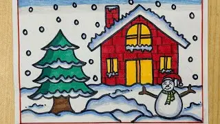 Winter season drawing easy| How to draw winter season scenery drawing| winter scenery drawing easy 