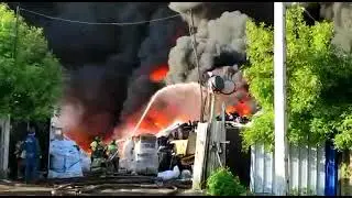 Russia is on fire. Burning warehouse with rubber and plastic.