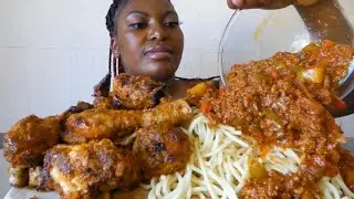 Asmr Mukbang minced sauce with spaghetti and peri peri chicken