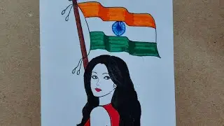 Republic day special drawing on paper || Draw a girl with tiranga Jhanda. 