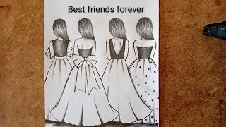 How to draw four girls best friends forever 💗|Bff drawing easy|girl drawing easy|Drawing