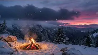 Mountain Campfire at Sunset ❄️🔥 | Snowy Alps Afterglow Fire Sounds for Relax & Sleep