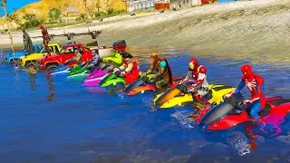 spiderman and superheroes water bike jetski boat & water car GTA 5  water racing challenge