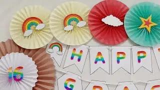 Rainbow Theme Backdrop | Paper Rosettes | Paper Fans | Birthday Party Decoration Ideas |Buddy's Art