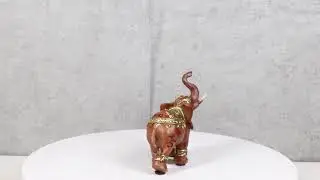 Feng Shui Faux Wood Right Facing Trunk Up Elephant With Golden Tapestry Figurine