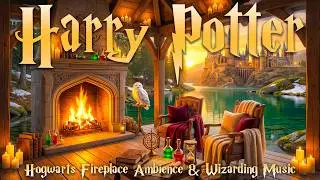 Spring at Hogwarts Lake 🌿 Glowing Castle Fireplace Ambience | Harry Potter Music