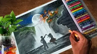 Moonlight Waterfall Romantic Scenery Painting || Oil Pastel Drawing || Easy for beginners
